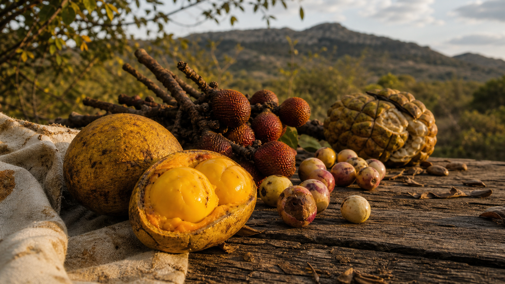 Pequi em primeiro plano com buriti, mangaba e araticum sobre mesa rústica, representando frutos do Cerrado.