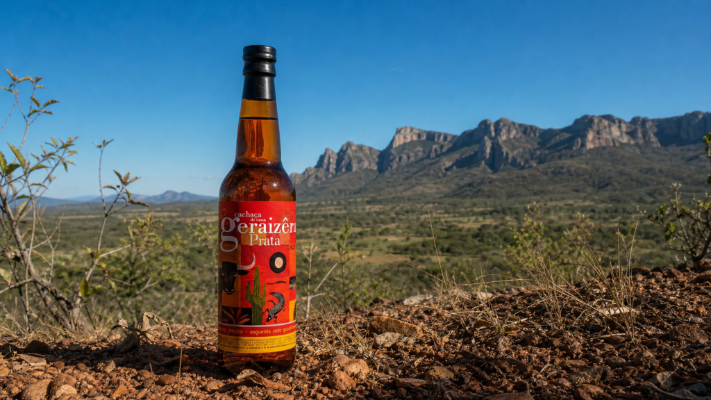 Garrafa da cachaça Geraizêra em primeiro plano sobre solo do Cerrado, com a paisagem dos Gerais ao fundo.