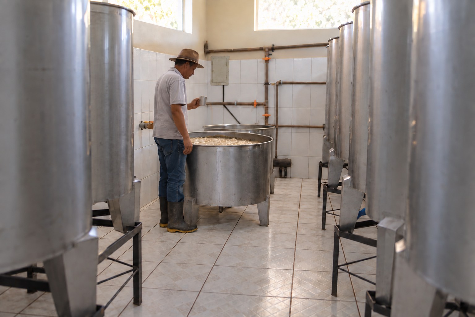 Mestre alambiqueiro observando uma dorna de fermentação entre os tanques do Engenho Serra Geral.
