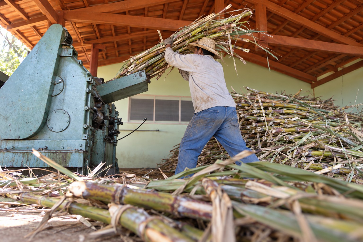 Trabalhador alimentando com cana-de-açúcar a moenda do Engenho Serra Geral.