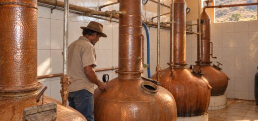 Mestre alambiqueiro acompanhando a destilação entre os alambiques de cobre do Engenho Serra Geral.