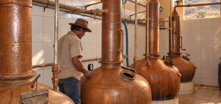 Mestre alambiqueiro acompanhando a destilação entre os alambiques de cobre do Engenho Serra Geral.