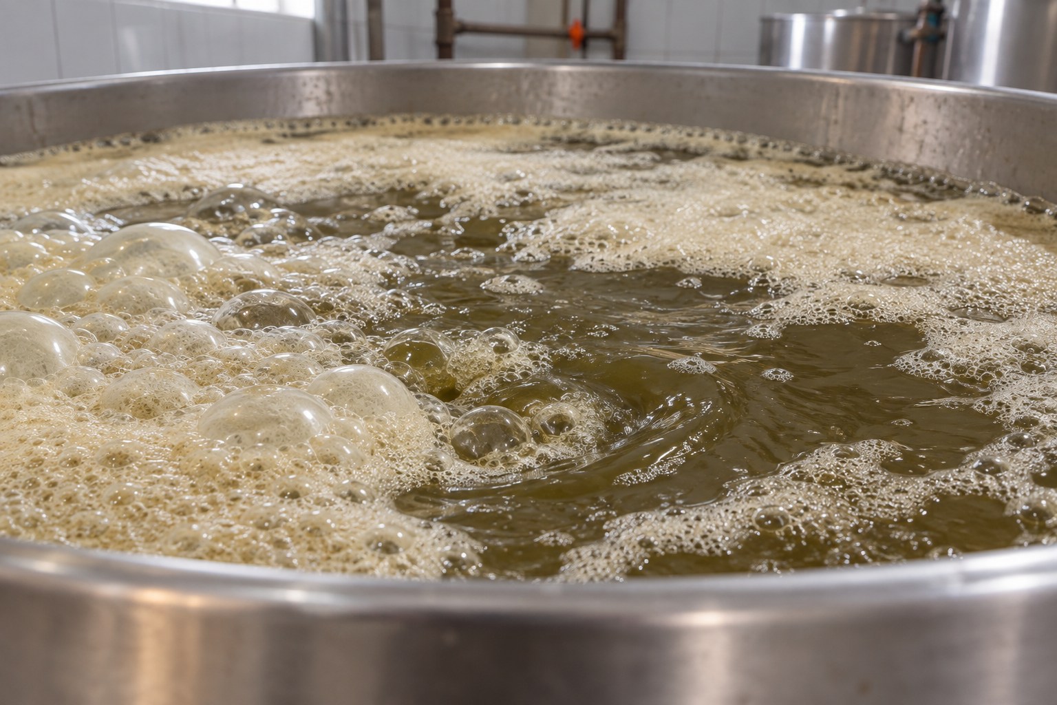 Superfície do mosto de cana com bolhas e espuma durante a fermentação em dorna de aço inox.