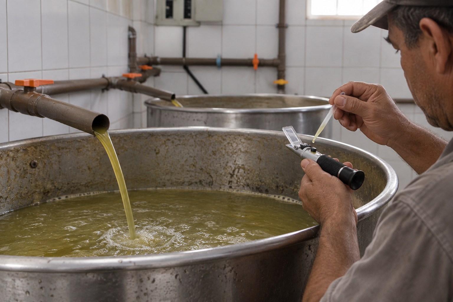 Operador usando refratômetro para medir uma amostra de garapa junto à dorna de preparo do mosto.