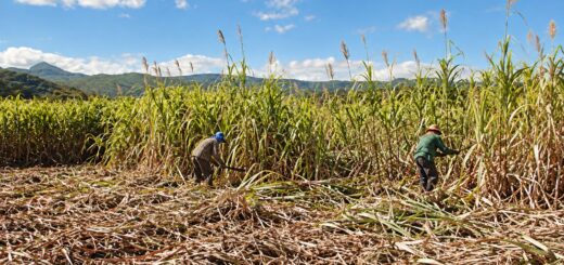 Trabalhadores na colheita manual de cana sem queima, com a paisagem da Serra Geral ao fundo.