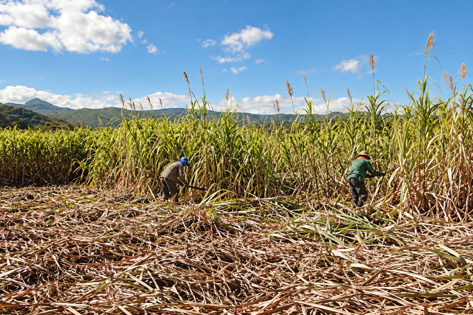 Trabalhadores na colheita manual de cana sem queima, com a paisagem da Serra Geral ao fundo.